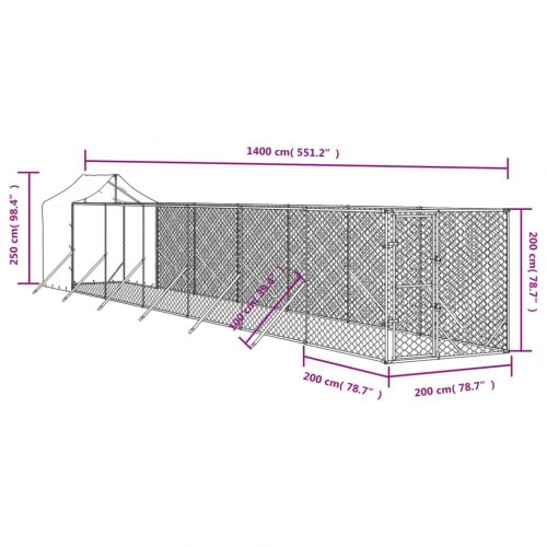 Udendørs hundegård med tag 2x14x2,5 m galvaniseret stål sølv