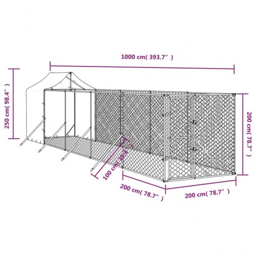 Udendørs hundegård med tag 2×10×2,5 m - galvaniseret stål, sølv