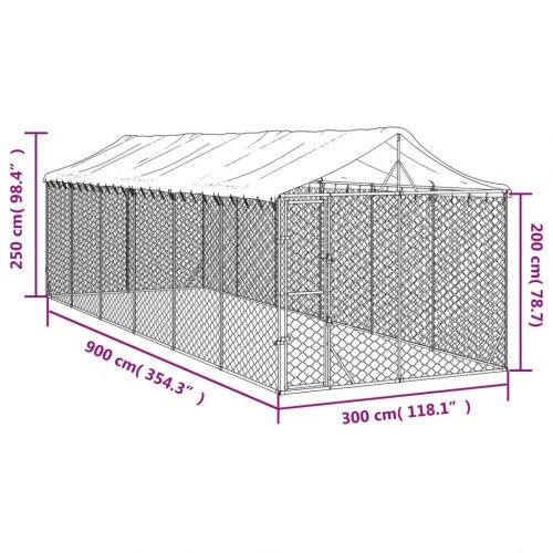 Udendørs hundegård med tag 3×9×2,5 m - galvaniseret stål, sølv