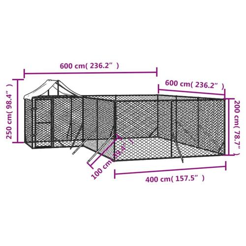 Udendørs hundegård med tag 6x6x2,5 m galvaniseret stål sølv