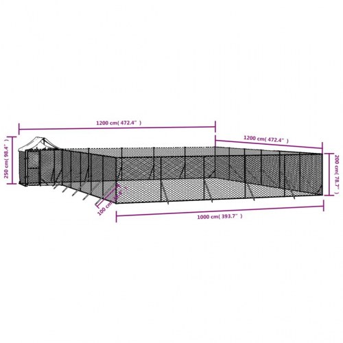 Udendørs hundegård med tag 12 × 12 × 2,5 m - galvaniseret stål, sølv