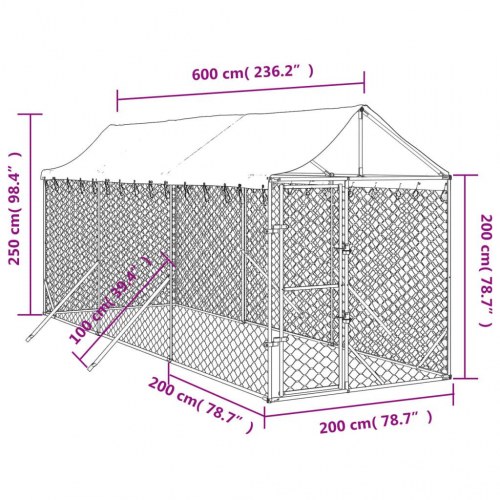 Udendørs hundegård med tag 2x6x2,5 m galvaniseret stål sølv