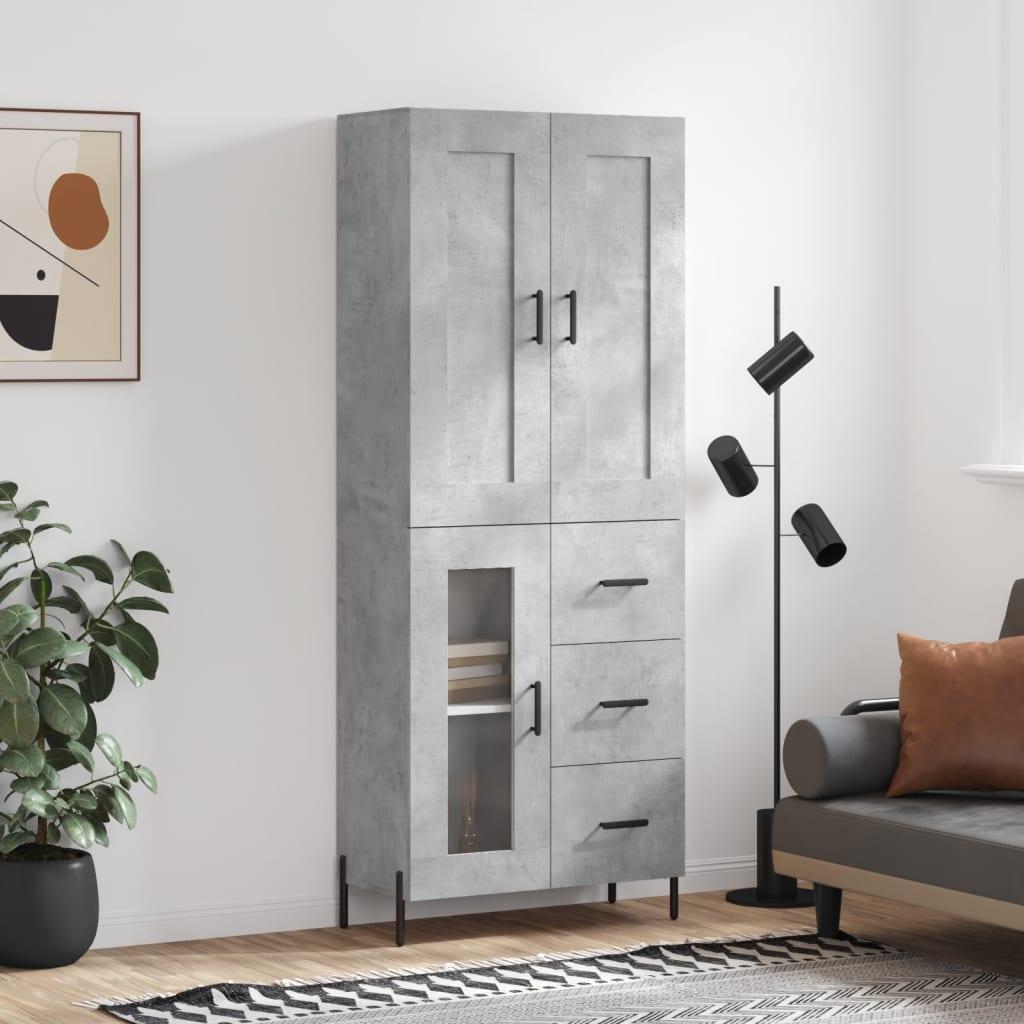 Højskab 69,5X34X180 Cm Konstrueret Træ - Betongrå / 1 glaslåge 3 skuffer