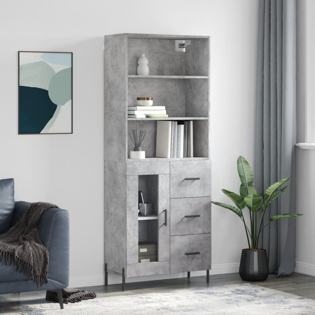 Højskab 69,5X34X180 Cm Konstrueret Træ - Betongrå / 1 glaslåge 3 skuffer