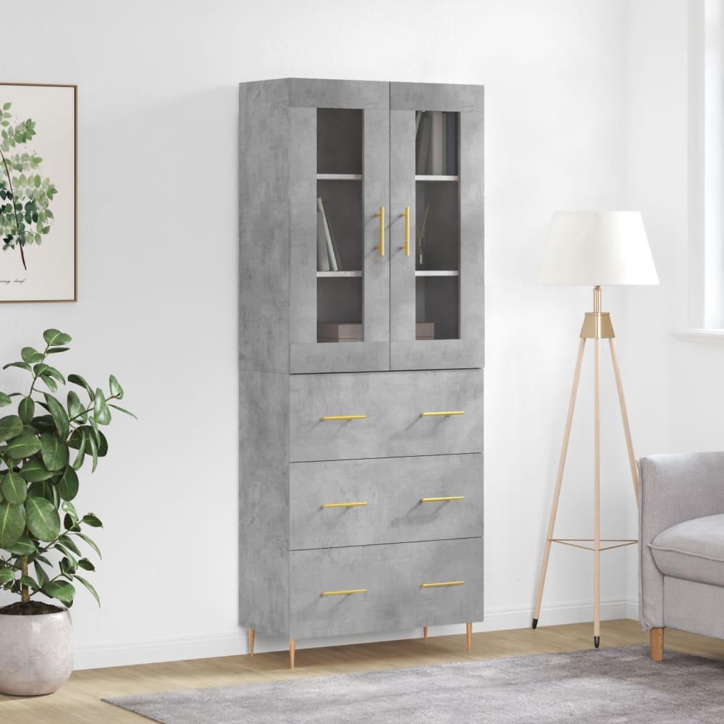 Højskab i konstrueret træ med glasdøre - 69,5×34×180 cm, betongrå