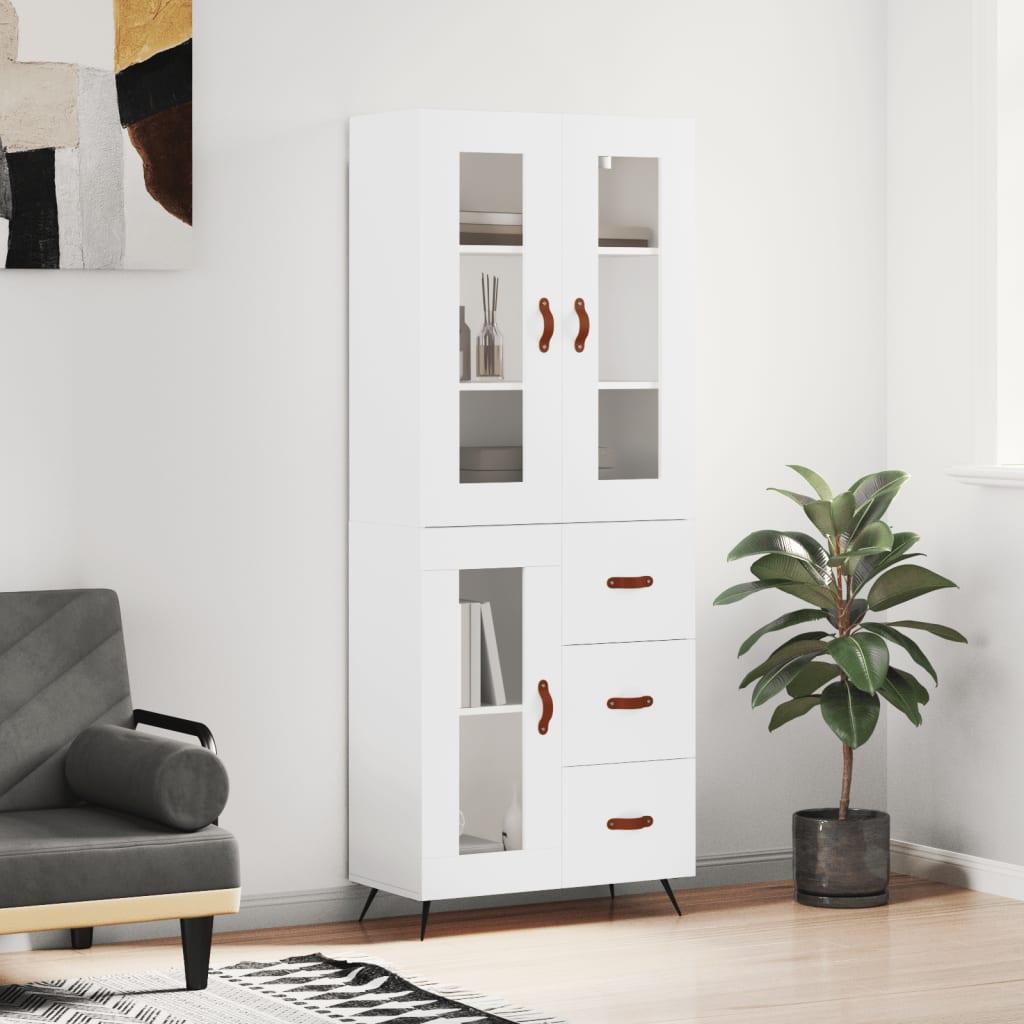 Højskab 69,5X34X180 Cm Konstrueret Træ - Hvid / 1 glaslåge 3 skuffer
