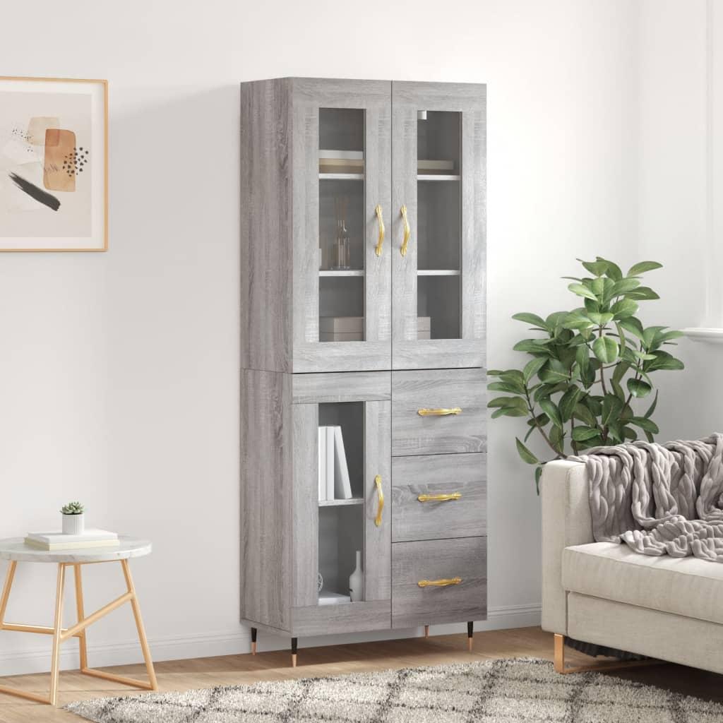 Højskab 69,5X34X180 Cm Konstrueret Træ - Grå sonoma-eg / 1 glaslåge 3 skuffer