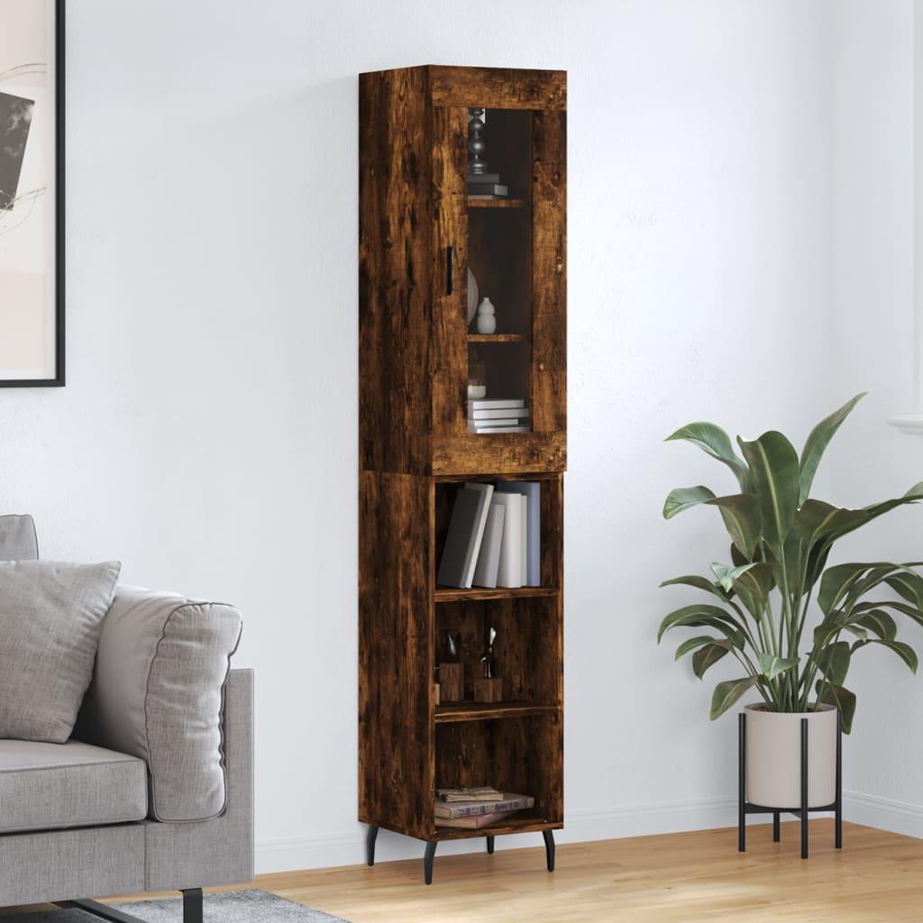 Højskab i konstrueret træ med glaslåge - 34,5×34×180 cm, røget egetræ
