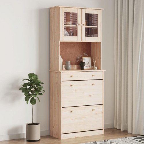 Højskab ALTA 77x35x188 cm i massivt fyrretræ - skænk med glaslåger og skuffer
