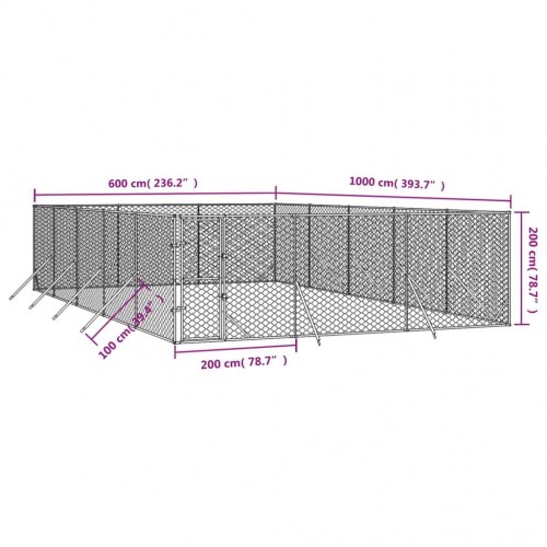 Udendørs hundegård 6x10x2 m galvaniseret stål sølvfarvet