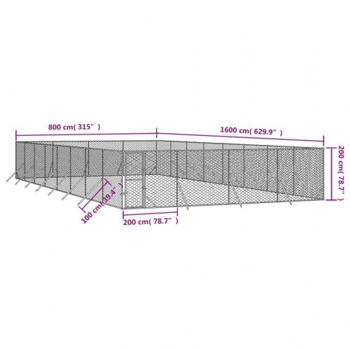 Udendørs hundegård 8×16×2 m - galvaniseret stål, sølvfarvet
