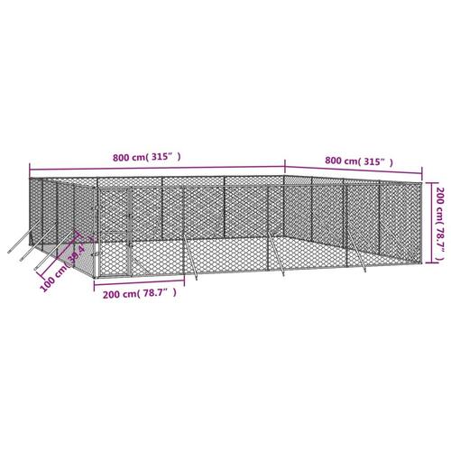 Udendørs hundegård 8x8x2 m galvaniseret stål sølvfarvet