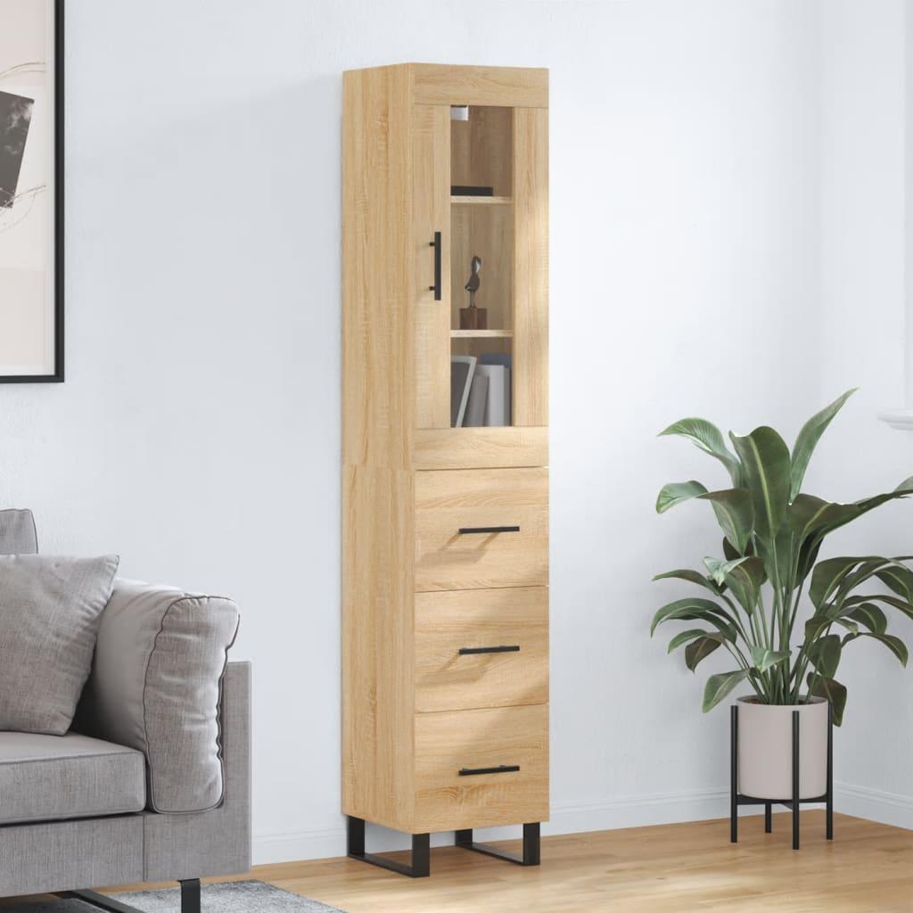 Højskab 34,5×34×180 cm i sonoma-eg - konstrueret træ med glaslåge