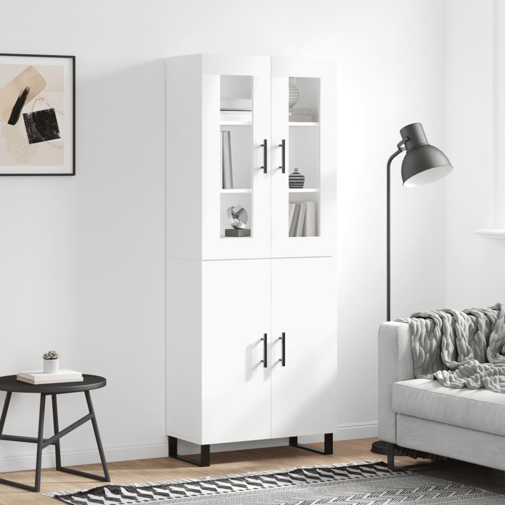 Højskab 69,5×34×180 cm i hvidt konstrueret træ med glas og metalfødder