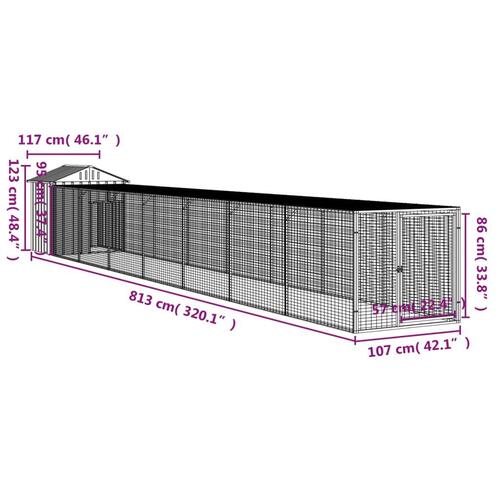 Hønsehus med løbegård 117x813x123 cm galvaniseret stål lysegrå