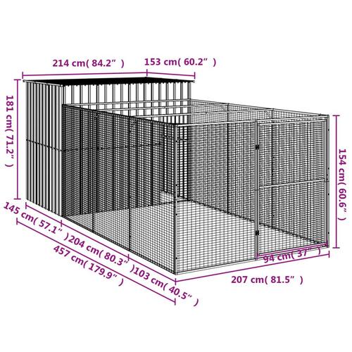 Hundehus med løbegård 214x457x181 cm galvaniseret stål antracit