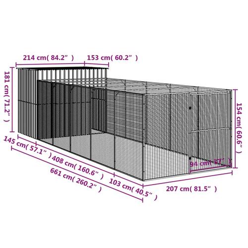 Hundehus med løbegård 214x661x181 cm galvaniseret stål lysegrå