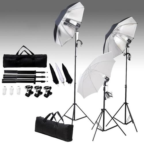 Belysningssæt til fotostudio m. stativer og paraplyer 24 watt
