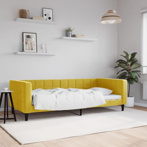 Daybed 90×200 cm i velour - gul sengeramme med ryglæn og armlæn