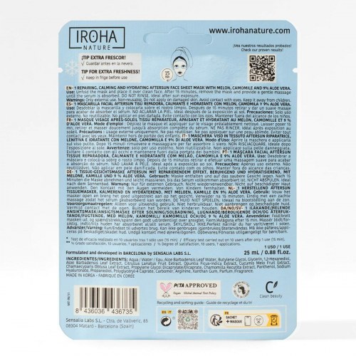 Ansigtsmaske Iroha After Sun Repairing - melon, beroliger og fugter (1 stk)