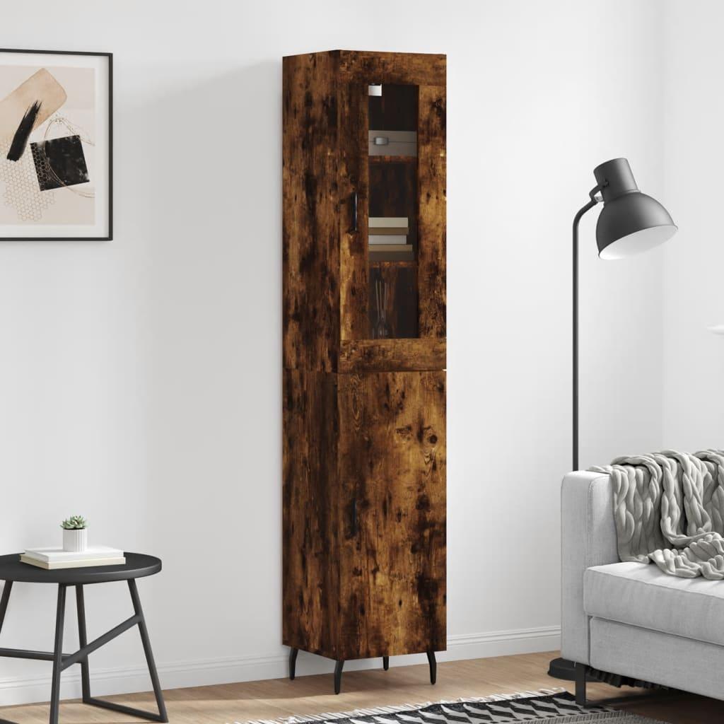 Højskab i konstrueret træ med glaslåge - 34,5×34×180 cm, røget egetræ