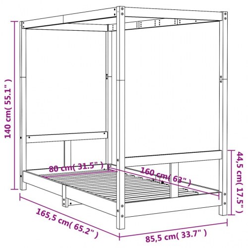 Sengeramme til juniorseng 80×160 cm - massivt fyrretræ, himmelseng