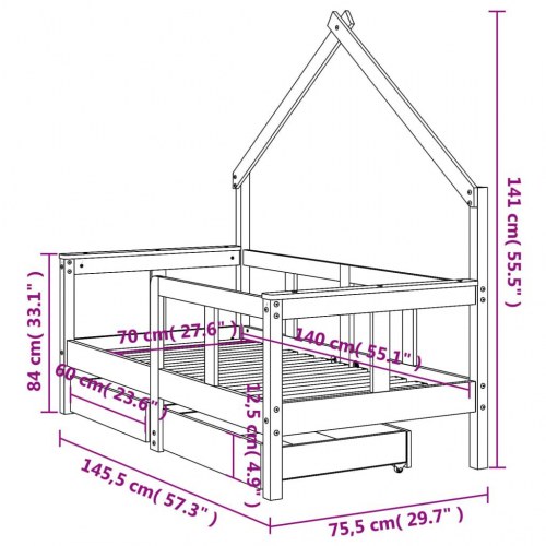 Sengeramme til juniorseng m. skuffer 70x140 cm massivt fyr