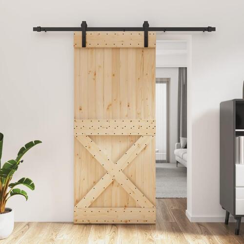 Skydedør med monteringssæt 90x210 cm massivt fyrretræ
