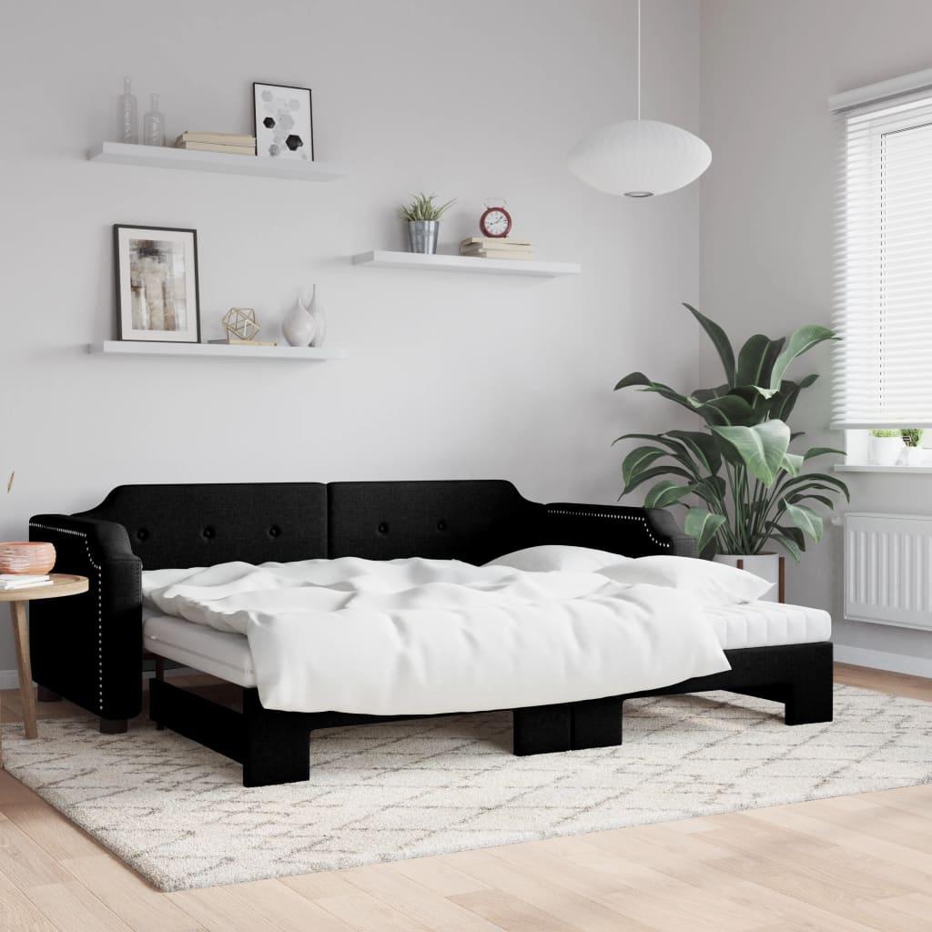 Daybed med udtræk og madras 90x200 cm stof sort billede