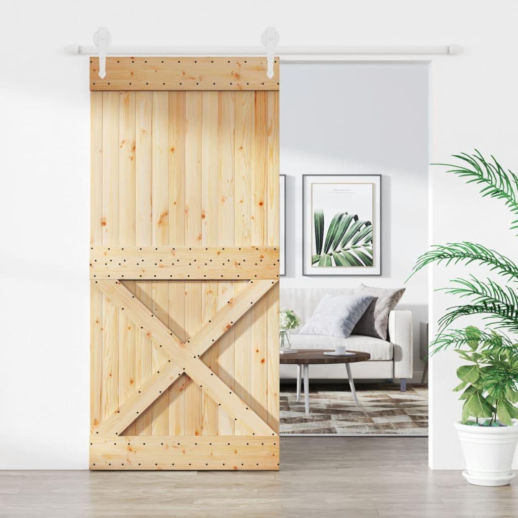 Skydedør med monteringssæt 95x210 cm massivt fyrretræ