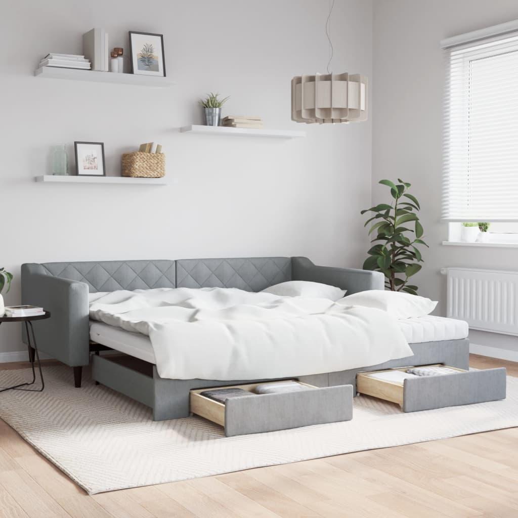 Daybed med udtræk og skuffer 100x200 cm stof lysegrå