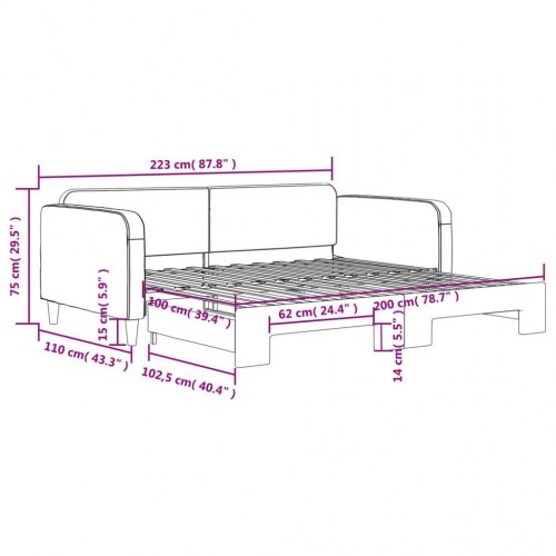 Daybed med udtræk 100×200 cm - stof, lysegrå