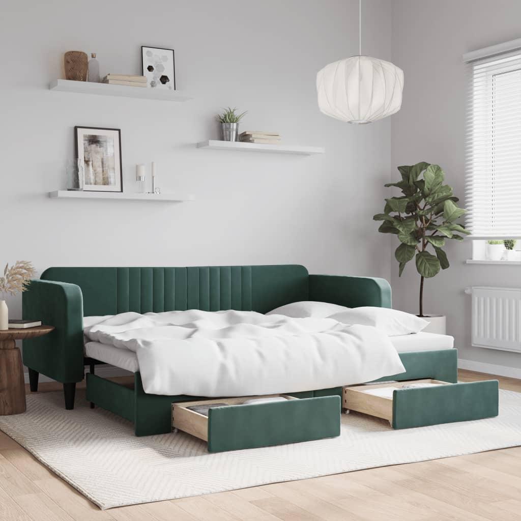 Daybed med udtræk og skuffer 80x200 cm velour mørkegrøn billede