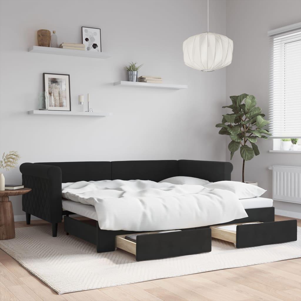 Daybed Med Udtræk Og Skuffer 90x190 Cm Velour Sort