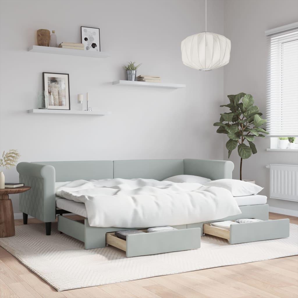 Daybed med udtræk og skuffer 80x200 cm velour lysegrå