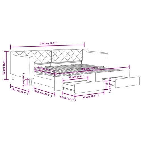 Daybed med udtræk og skuffer 90x200 cm stof lysegrå