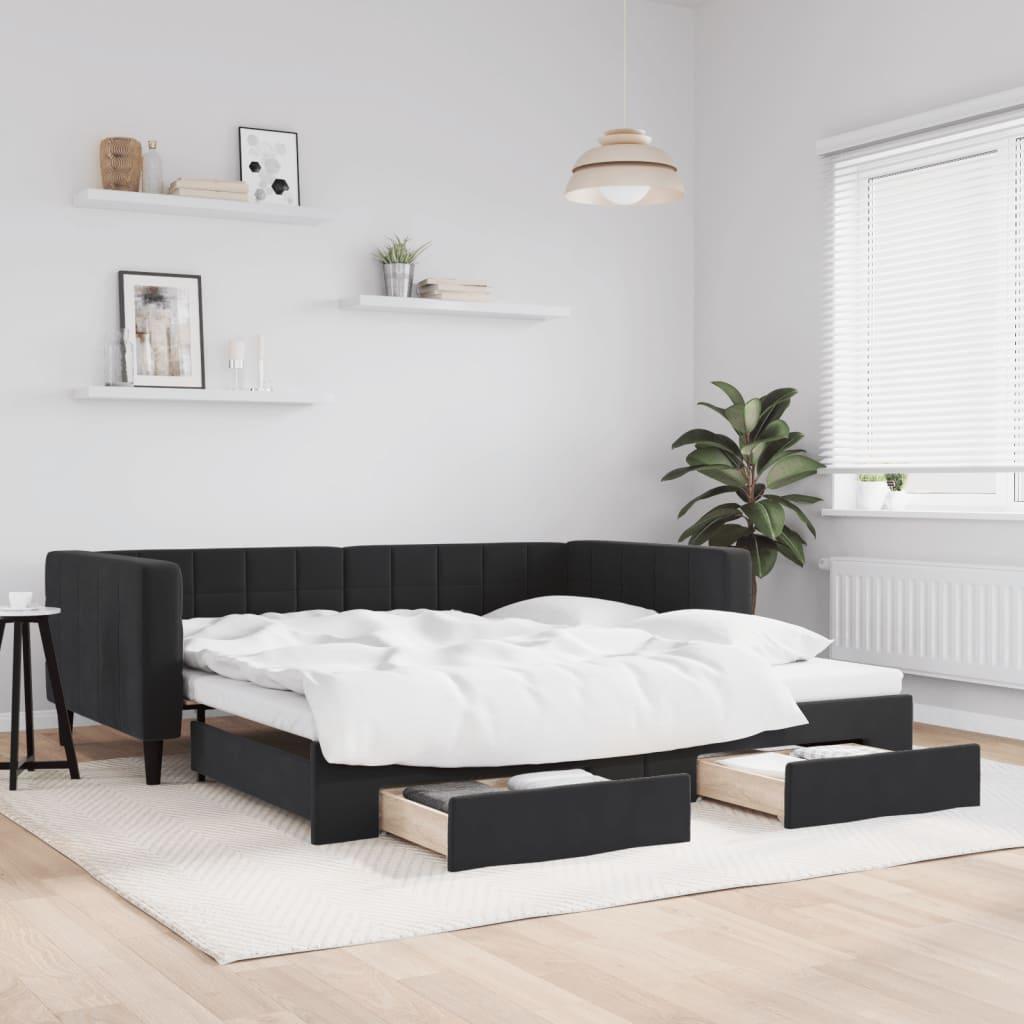Daybed Velour Sort - med udtræk og skuffe / 90 x 190 cm