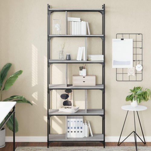 Bogreol 76×32×192 cm med 6 hylder - konstrueret træ, grå sonoma-eg