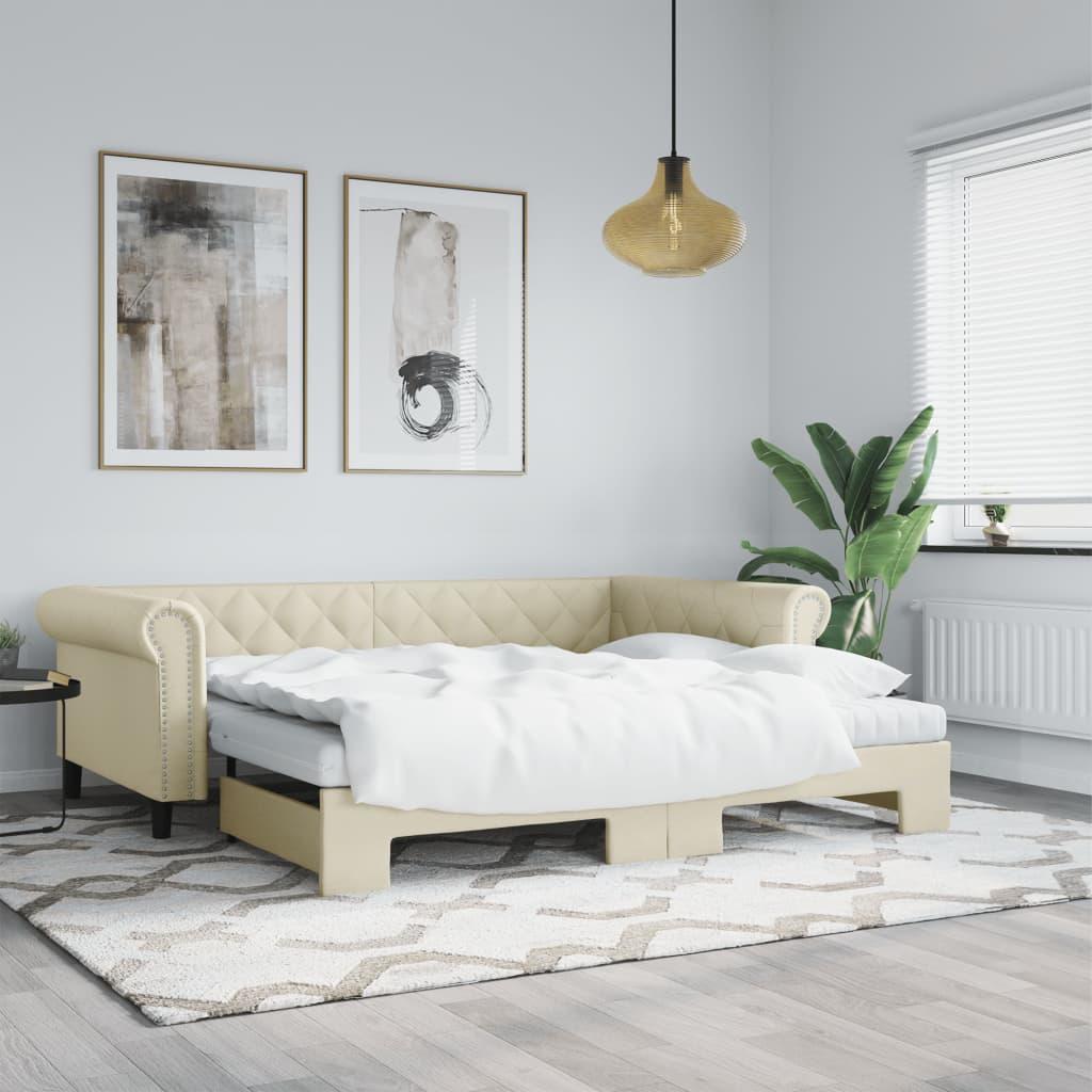 Daybed med udtræk og madrasser 90x200 cm kunstlæder cremefarvet