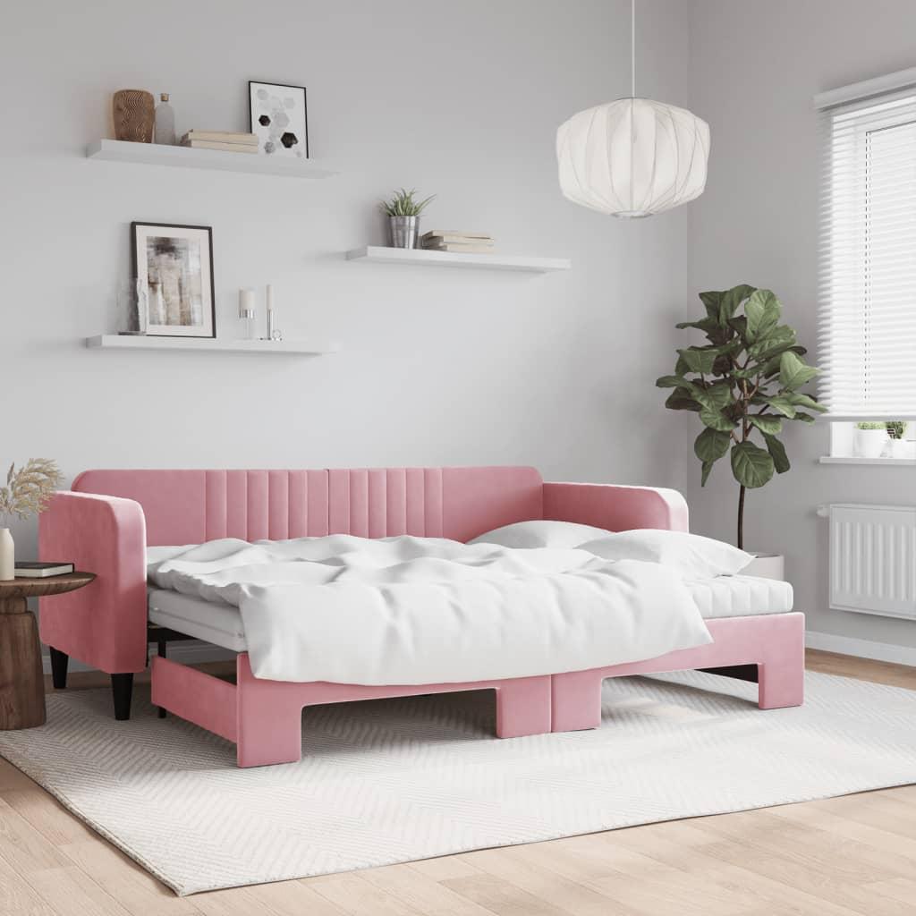 Daybed med udtræk og madras 80x200 cm velour lyserød