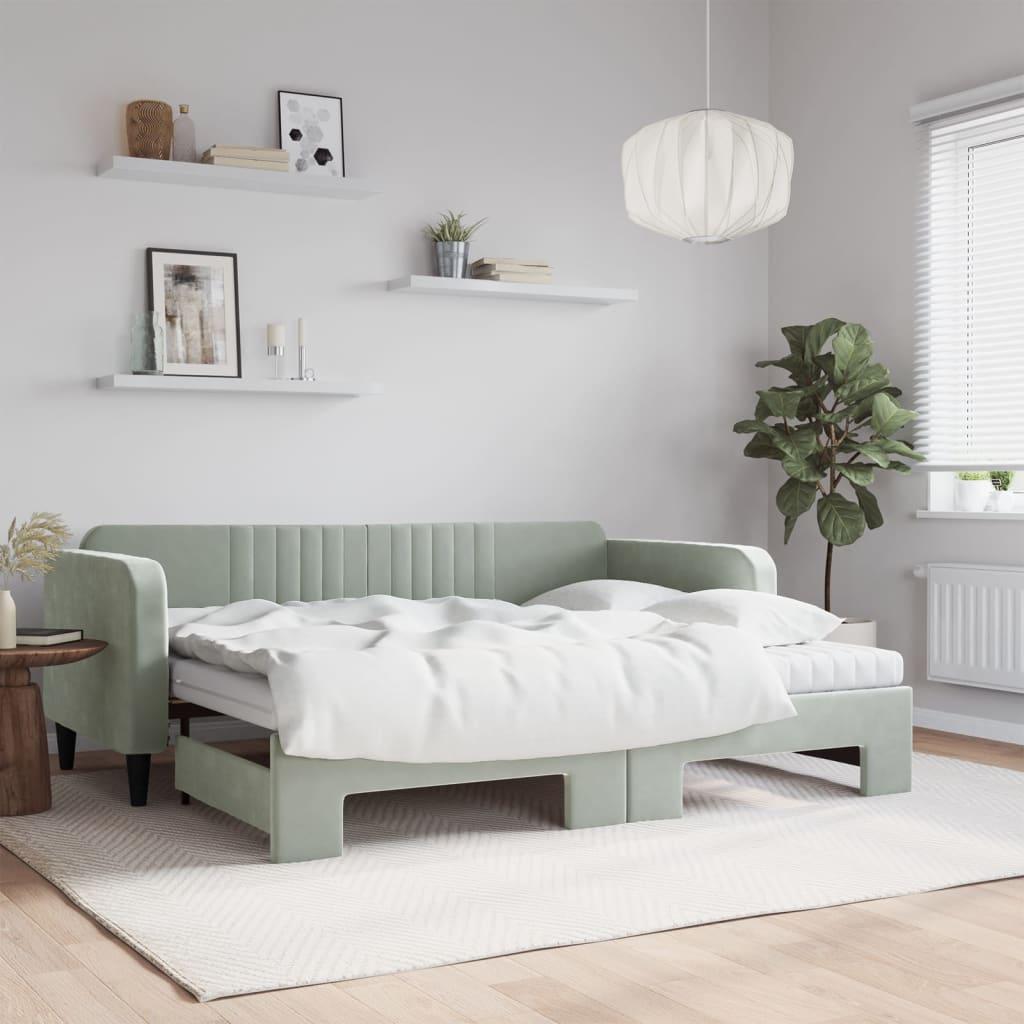 Daybed med udtræk og madras 90x200 cm velour lysegrå