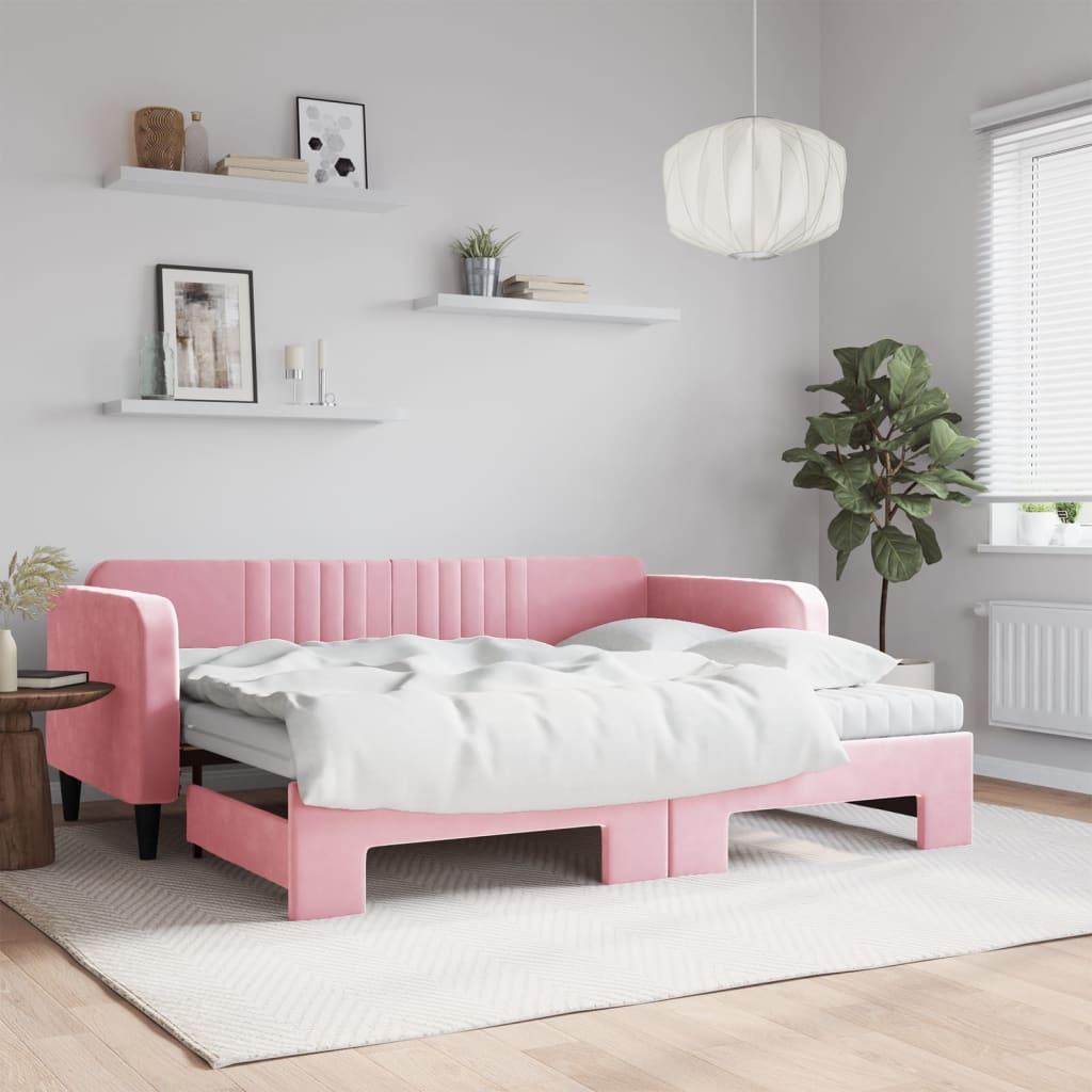 vidaXL daybed med udtræk og madras 90x200 cm velour lyserød