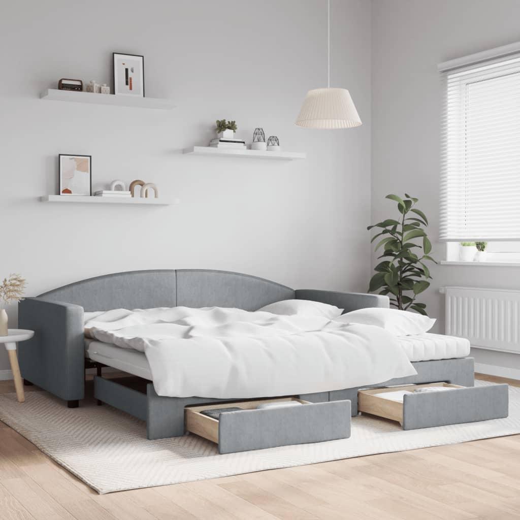 Daybed Med Udtræk Skuffer 100x200 Stof Lysegrå