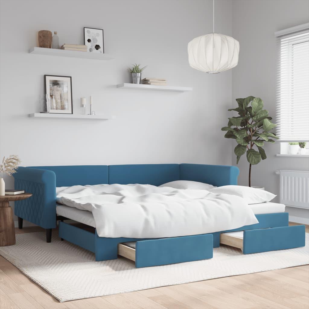 Daybed Med Udtræk Skuffer 100x200 Velour Blå