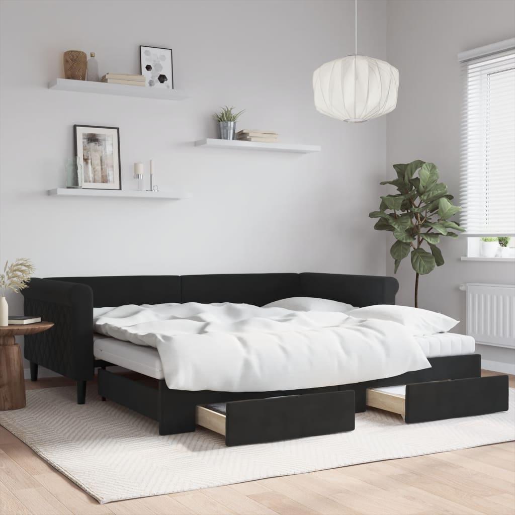 Daybed Med Udtræk Og Skuffer 100x200 Cm Velour Sort