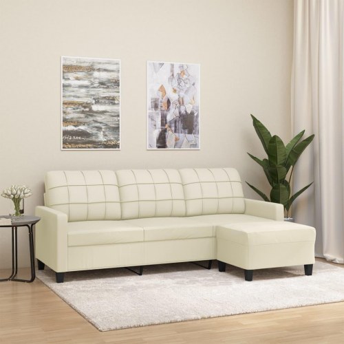 3-personers sofa med fodskammel 180 cm i kunstlæder - cremefarvet