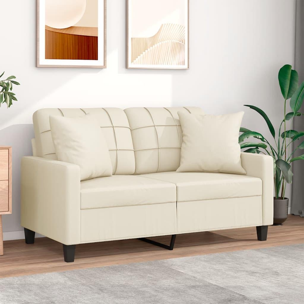 2-personers sofa med pyntepuder 120 cm kunstlæder cremefarvet