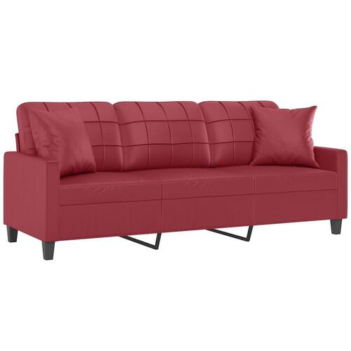 3-personers sofa med pyntepuder 180 cm kunstlæder vinrød