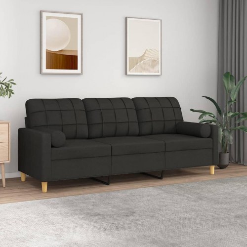 3-personers sofa med pyntepuder - stof, sort, 180 cm sædebredde