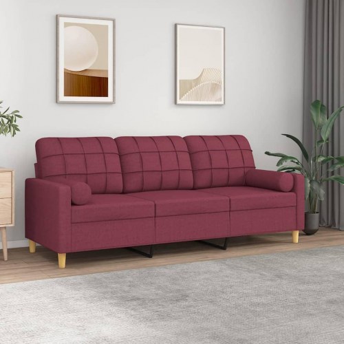 3-personers sofa med pyntepuder i stof - vinrød, 198 cm